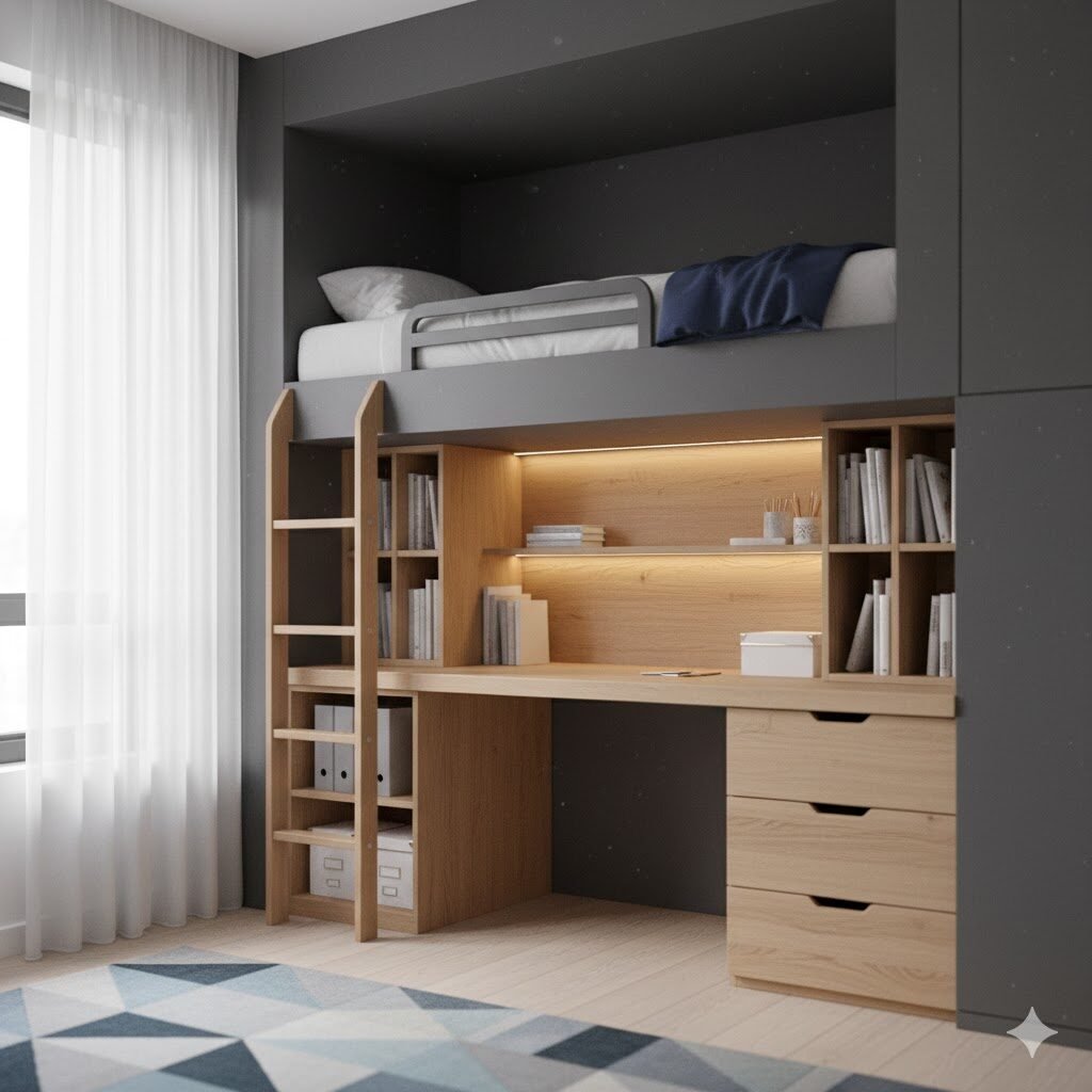 Bespoke cabin bed with a built-in desk, drawers and shelving for a child's room