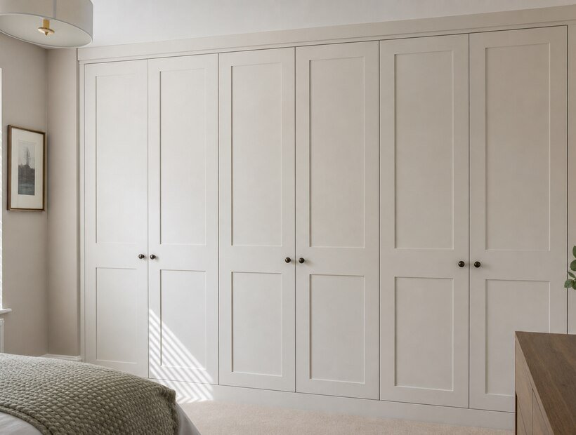 Cream hinged shaker fitted wardrobes in a Warrington bedroom