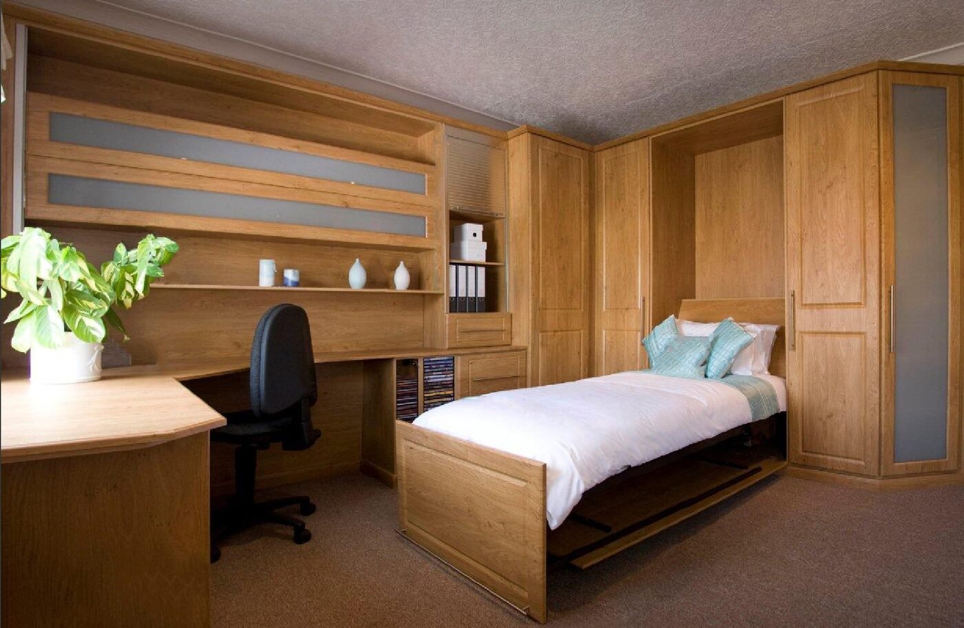Made-to-measure fitted bedroom with a fold-down bed and built-in study area in Warrington