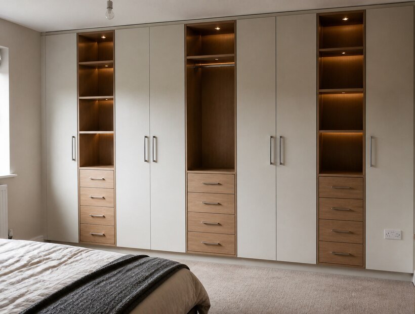 Modular fitted wardrobes with integrated LED lighting in a Warrington bedroom