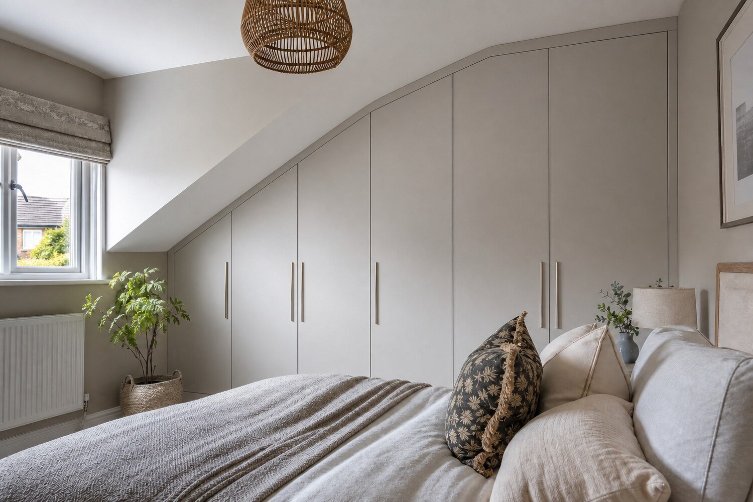 White fitted wardrobes built under the sloped ceiling of a loft bedroom in Cheshire