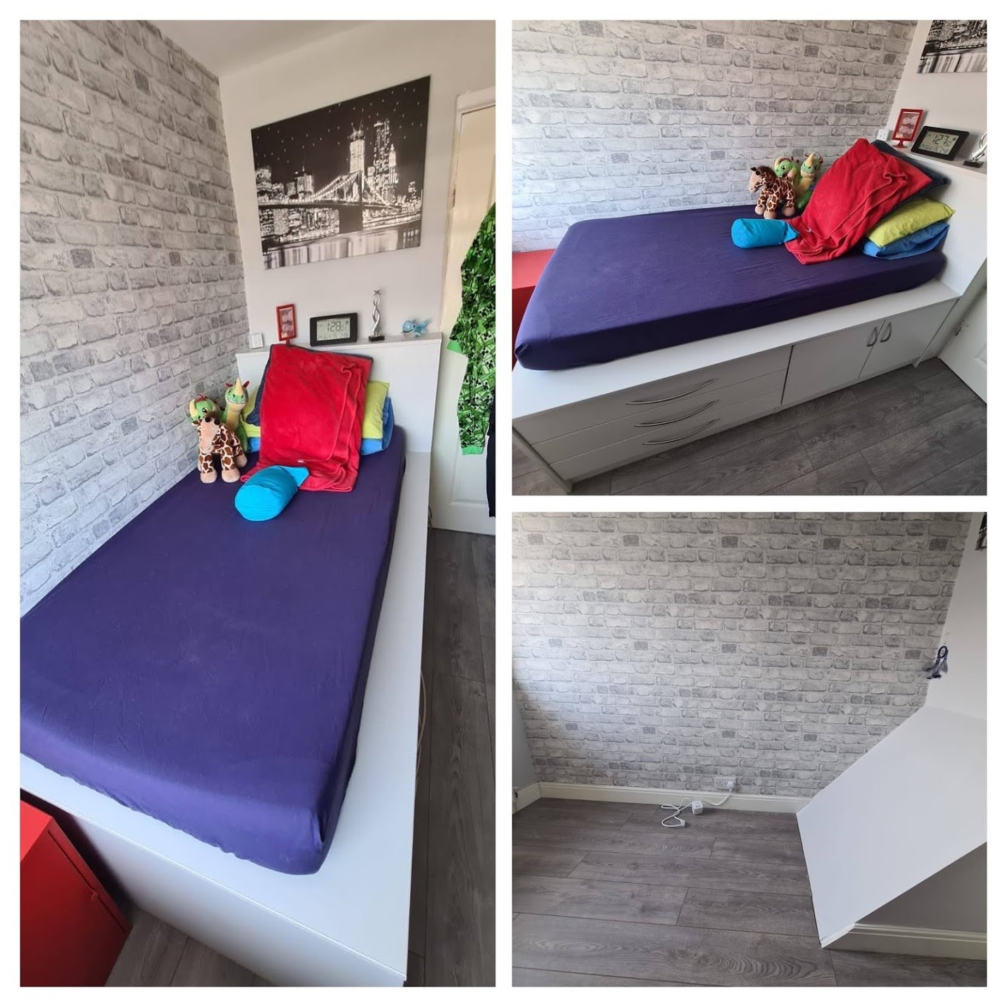 A bespoke bed built over a stair bulkhead before and after collage