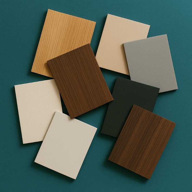 Wardrobe finish samples including matt colours woodgrain and gloss options from WOW Wardrobes Warrington