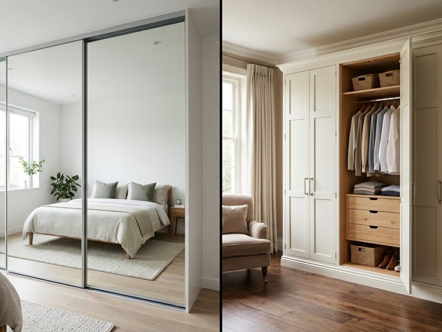 Comparison of a mirrored sliding door wardrobe and a traditional panelled wardrobe with internal storage