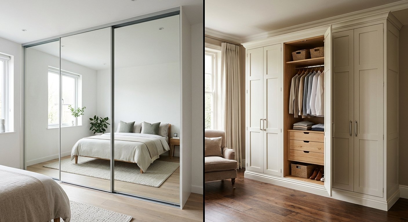 Comparison of a mirrored sliding door wardrobe and a traditional panelled wardrobe with internal storage